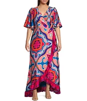 Sugarlips Plus Medallion Border Print Short Sleeve Faux-Wrap High-Low-Hem Satin Long Dress