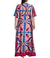 Sugarlips Plus Medallion Border Print Short Sleeve Faux-Wrap High-Low-Hem Satin Long Dress