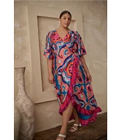 Sugarlips Plus Medallion Border Print Short Sleeve Faux-Wrap High-Low-Hem Satin Long Dress