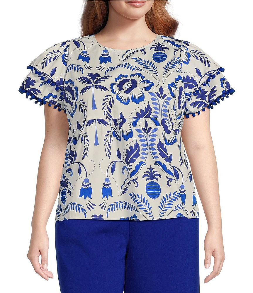 Sugarlips Plus Milagro Floral Printed Flutter Sleeve Pom-Pom-Trimmed Babydoll Blouse