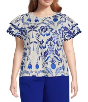Sugarlips Plus Milagro Floral Printed Flutter Sleeve Pom-Pom-Trimmed Babydoll Blouse
