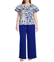Sugarlips Plus Milagro Floral Printed Flutter Sleeve Pom-Pom-Trimmed Babydoll Blouse