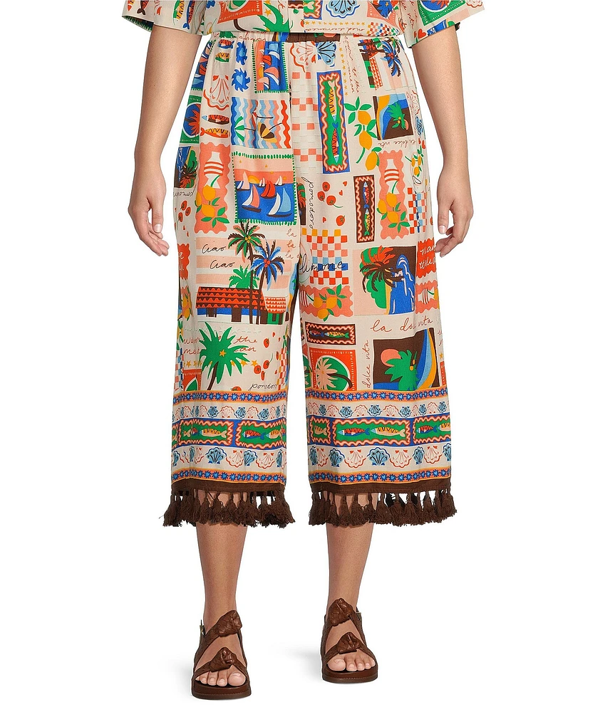 Sugarlips Plus Postcard Print Tassel Trimmed Cropped Pants