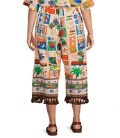 Sugarlips Plus Postcard Print Tassel Trimmed Cropped Pants