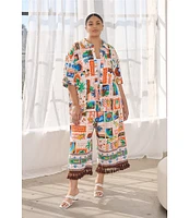 Sugarlips Plus Postcard Print Tassel Trimmed Cropped Pants
