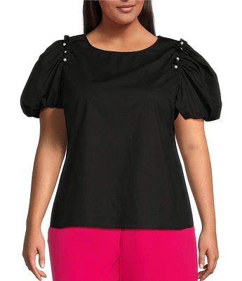 Sugarlips Plus Puff Sleeve Faux Pearl Trimmed Poplin Top