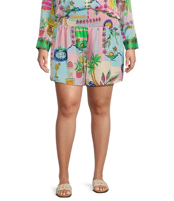 Sugarlips Plus Retro Novelty Printed Coordinating High Waisted Satin Shorts