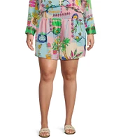 Sugarlips Plus Retro Novelty Printed Coordinating High Waisted Satin Shorts