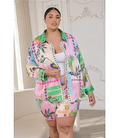 Sugarlips Plus Retro Novelty Printed Coordinating High Waisted Satin Shorts