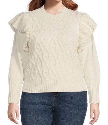 Sugarlips Plus Ruffle Shoulder Cable Knit Sweater