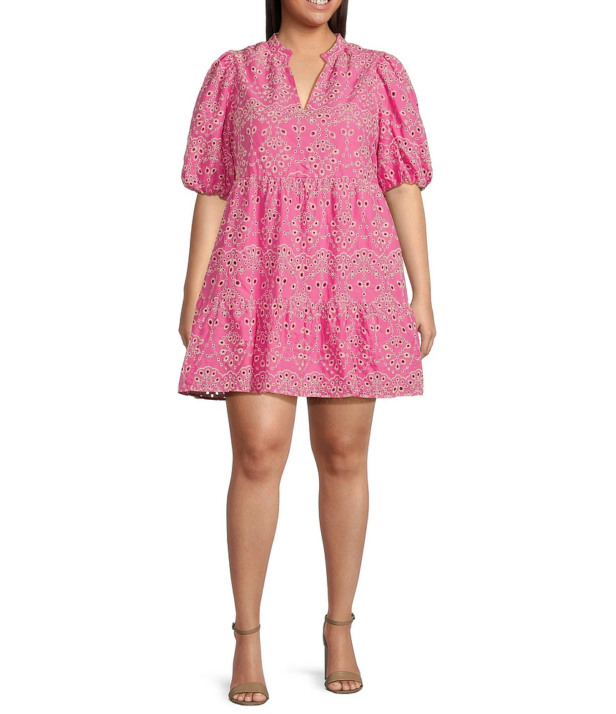 Sugarlips Plus Sea Jacey Floral Eyelet Short Sleeve Babydoll Shift Dress