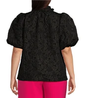 Sugarlips Plus Short Sleeve Floral Jacquard Split Neck Top