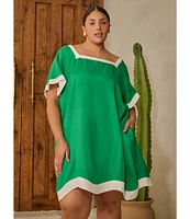 Sugarlips Plus Short Sleeve Linen Trim Textured Dress