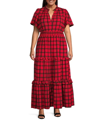 Sugarlips Plus Short Sleeve Plaid Smocked Waist Maxi Dress