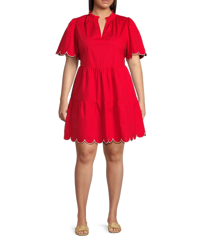 Sugarlips Plus Short Sleeve Scalloped Trim Tiered Dress