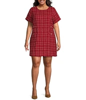 Sugarlips Plus Size Audrey Short Sleeve Plaid Patterned Tweed Shift Dress