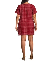 Sugarlips Plus Size Audrey Short Sleeve Plaid Patterned Tweed Shift Dress