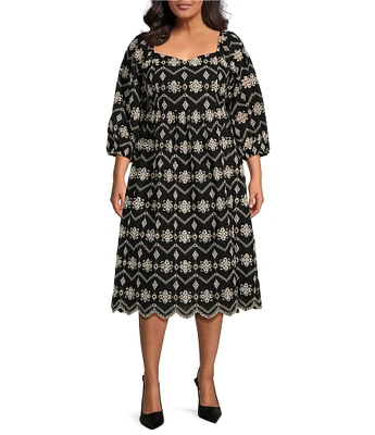 Sugarlips Plus Size Balloon Sleeve Floral Printed Jacquard Midi Dress