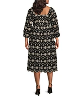 Sugarlips Plus Size Balloon Sleeve Floral Printed Jacquard Midi Dress