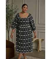 Sugarlips Plus Size Balloon Sleeve Floral Printed Jacquard Midi Dress