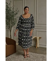 Sugarlips Plus Size Balloon Sleeve Floral Printed Jacquard Midi Dress