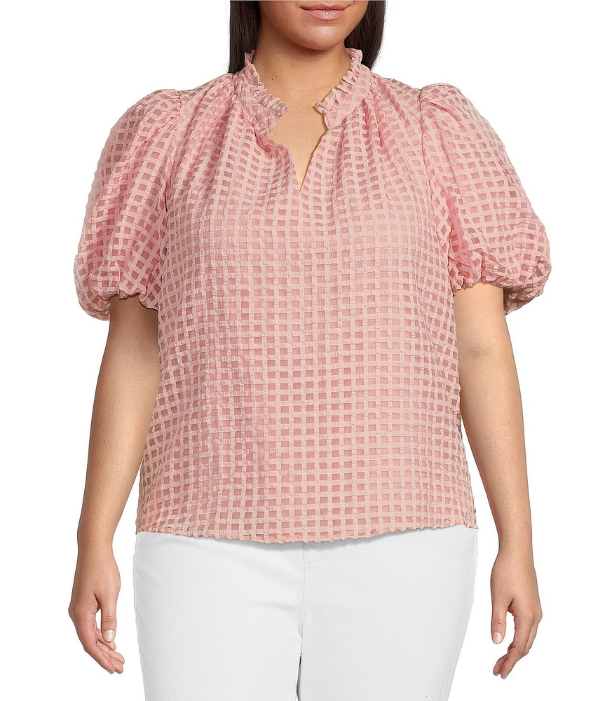 Sugarlips Plus Size Gingham Organza Split V-Neck Short Puff Sleeves Blouse