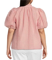 Sugarlips Plus Size Gingham Organza Split V-Neck Short Puff Sleeves Blouse