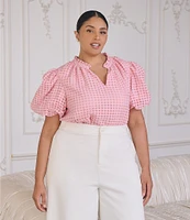Sugarlips Plus Size Gingham Organza Split V-Neck Short Puff Sleeves Blouse