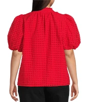 Sugarlips Plus Size Gingham Organza Split V-Neck Short Puff Sleeves Blouse