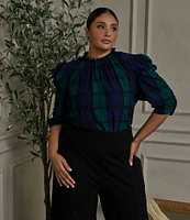 Sugarlips Plus Size Hudson Plaid Puff Sleeve Top