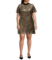 Sugarlips Plus Size Leslie Short Sleeve Sequin Embellished Abstract Printed Velvet Shift Dress