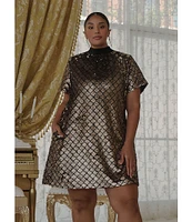 Sugarlips Plus Size Leslie Short Sleeve Sequin Embellished Abstract Printed Velvet Shift Dress