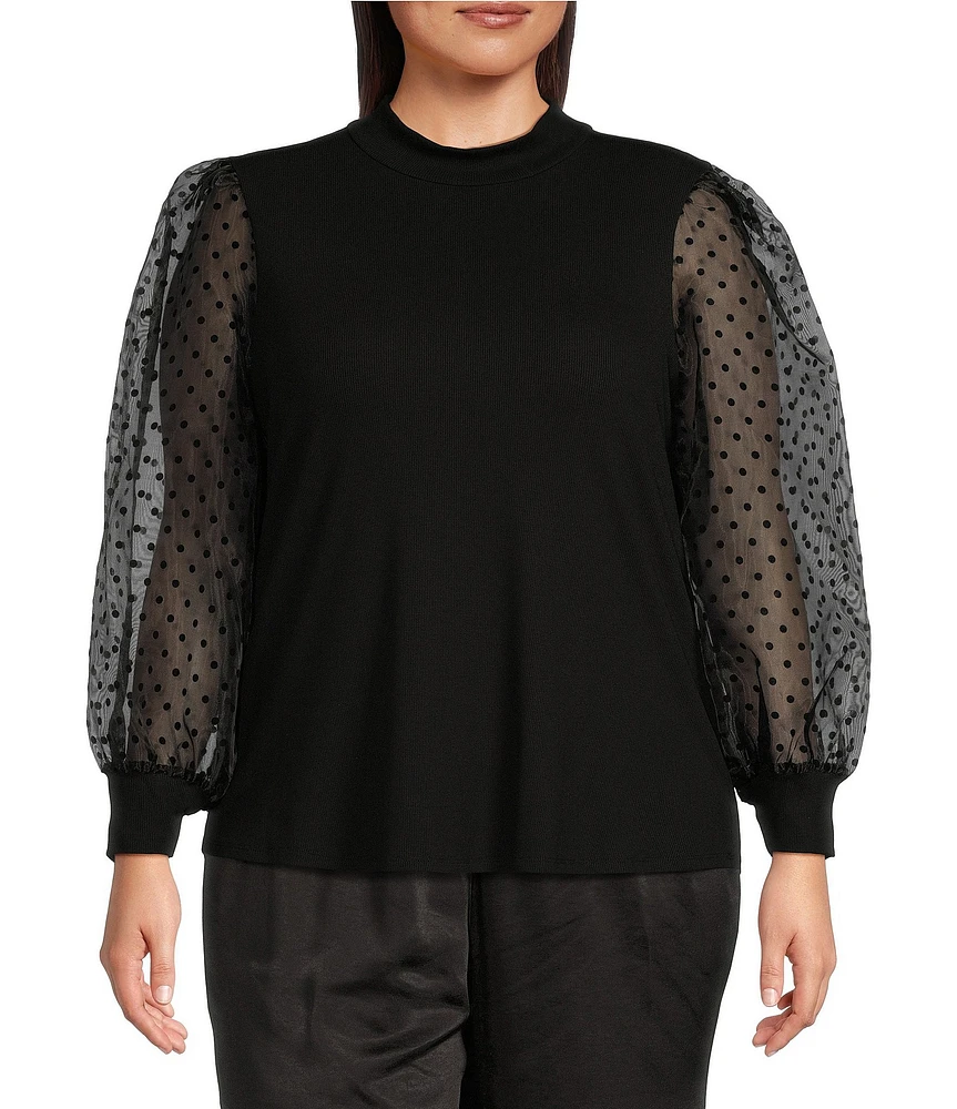 Sugarlips Plus Size Long Mesh Sleeve Solid/Clip-Dot Top