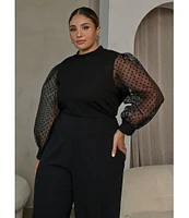 Sugarlips Plus Size Long Mesh Sleeve Solid/Clip-Dot Top