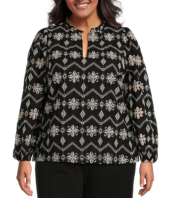 Sugarlips Plus Size Long Sleeve Contrast Eyelet Embroidered Blouse