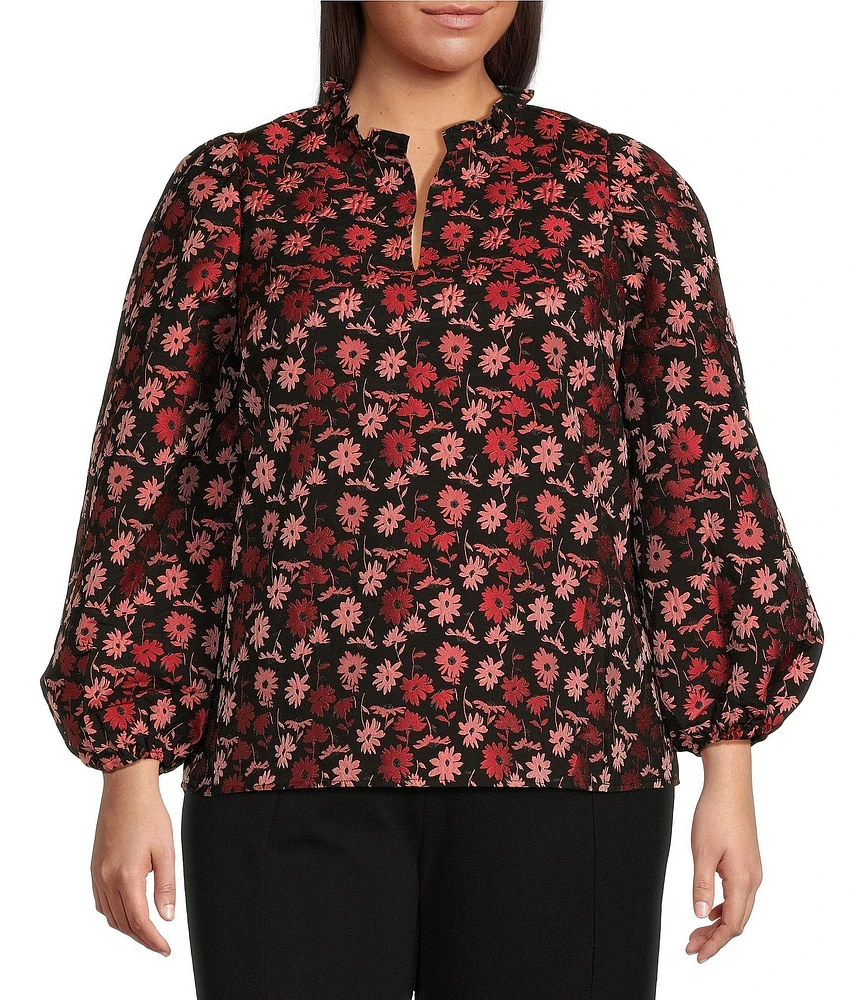 Sugarlips Plus Size Split Round Neck Long Sleeve Floral Printed Jacquard Peasant Blouse