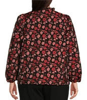 Sugarlips Plus Size Split Round Neck Long Sleeve Floral Printed Jacquard Peasant Blouse