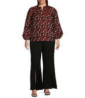 Sugarlips Plus Size Split Round Neck Long Sleeve Floral Printed Jacquard Peasant Blouse