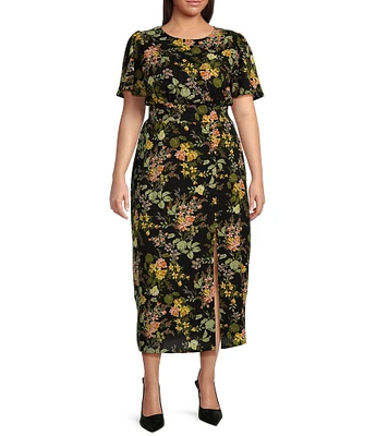 Sugarlips Plus Size Night Bloom Floral Print Short Sleeve Midi Dress