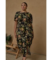 Sugarlips Plus Size Night Bloom Floral Print Short Sleeve Midi Dress