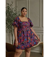 Sugarlips Plus Size Puffed-Sleeve Fit-and-Flare Floral Dress