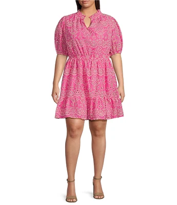 Sugarlips Plus Size Rose Eyelet Puff Sleeve Mini Dress