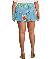 Sugarlips Plus Size Satin Tropical Floral Print Flowy Pull-On Shorts