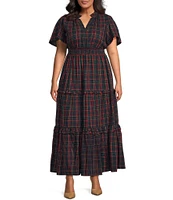 Sugarlips Plus Size Short Sleeve Plaid Smocked Waist Long Dress