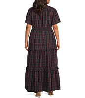 Sugarlips Plus Size Short Sleeve Plaid Smocked Waist Long Dress