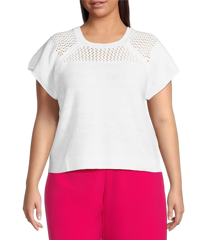 Sugarlips Plus Size Short Sleeve Pointelle-Detailed Sweater Top