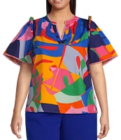 Sugarlips Plus Size Tropical Abstact Printed Flutter Sleeve Poplin Top