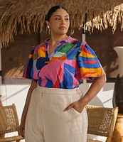 Sugarlips Plus Size Tropical Abstact Printed Flutter Sleeve Poplin Top