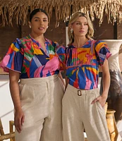 Sugarlips Plus Size Tropical Abstact Printed Flutter Sleeve Poplin Top