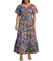 Sugarlips Plus Size Tropical Floral Palmer Short Sleeve Tiered Long Poplin Dress